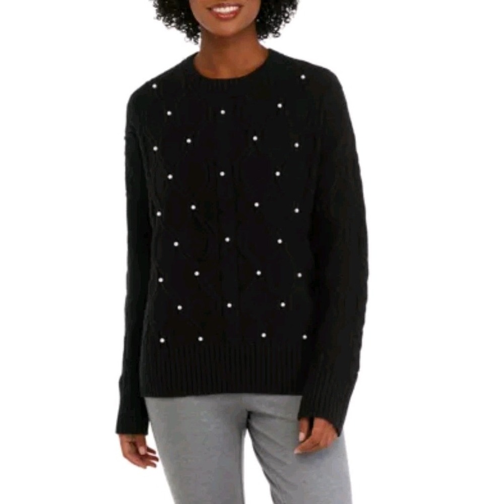 Crown & Ivy Size Large Nwt Black Sweater With Pearls Women Chunky Cable Knit